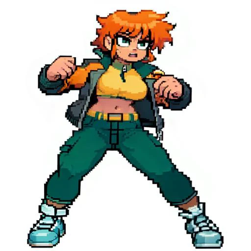 blomally, masterpiece, best quality, solo, 1girl, orange messy hair, figthing stance, simple background, full body, cargopants, training jacket, <lora:Cps2V2_Fp:0.8>, <lora:pixai_style:0.4>, <lora:BryanLeeOMalley:1>