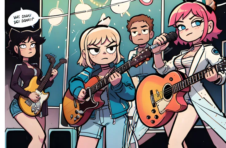 (Text Bubble), comic, Border, 4 panel, <lora:manhuav1.2:0.5>, masterpiece, best quality, 2 girls, 2boys, random haircolor, medium hair, sidelocks, alternative outfits, jackets, black choker, jaggy lines, closed mouth, medium breasts, in a band rocking on stage, random instruments, light show, group of friends, flat colors, <lora:BryanLeeOMalley:1>,