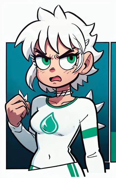 (Text Bubble), comic, Border, 4 panel, <lora:manhuav1.2:0.5>, masterpiece, best quality, 1girl, white hair, spikey hair, green empty eyes, glowing eyes, white training outfit, black choker, jaggy lines, medium breasts, floating in mid air, angry look, vegan powers, group of friends, flat colors, <lora:BryanLeeOMalley:1>,