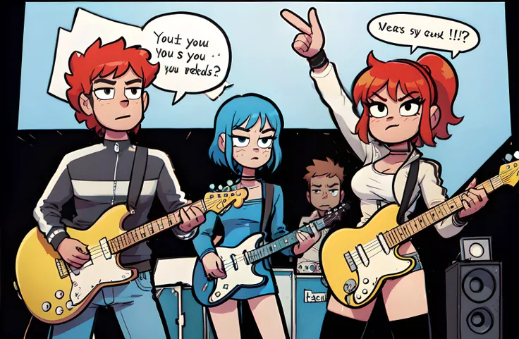 (Text Bubble), comic, Border, 4 panel, <lora:manhuav1.2:0.5>, masterpiece, best quality, 2 girls, 2boys, random haircolor, medium hair, sidelocks, alternative outfits, jackets, black choker, jaggy lines, closed mouth, medium breasts, in a band rocking on stage, random instruments, light show, group of friends, flat colors, <lora:BryanLeeOMalley:1>,