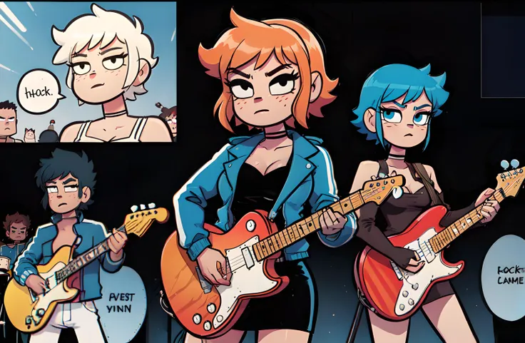 (Text Bubble), comic, Border, 4 panel, <lora:manhuav1.2:0.5>, masterpiece, best quality, 2 girls, 2boys, random haircolor, medium hair, sidelocks, alternative outfits, jackets, black choker, jaggy lines, closed mouth, medium breasts, in a band rocking on stage, light show, group of friends, flat colors, <lora:BryanLeeOMalley:1>,