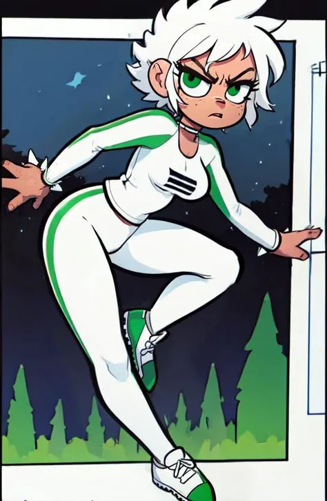 (Text Bubble), comic, Border, 4 panel, <lora:manhuav1.2:0.5>, masterpiece, best quality, 1girl, white hair, spikey hair, green empty eyes, glowing eyes, white training outfit, black choker, jaggy lines, medium breasts, floating in mid air, full body, angry look, vegan powers, group of friends, flat colors, green portal in background, side view, <lora:BryanLeeOMalley:1>,