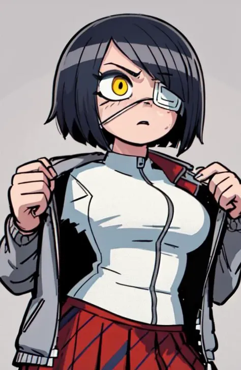 masterpiece, best quality, blomalley, 1girl, Nakanaka_omoharu, dark hair, short hair, eyepatch, jacket over shoulder, medium breasts, school uniform, jaggy lines, simple background, solo, thick outlines, flat colours, crazy expression, <lora:BryanLeeOMalley:1>, <lora:Nakanaka2:0.7>