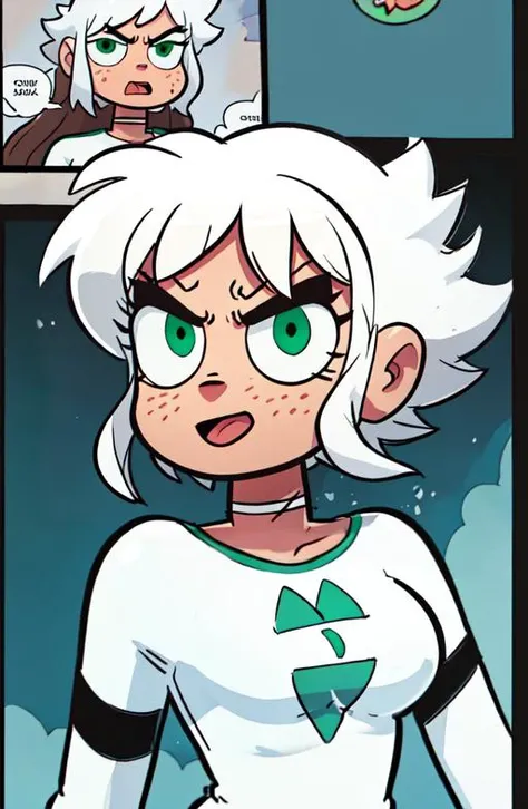 (Text Bubble), comic, Border, 4 panel, <lora:manhuav1.2:0.5>, masterpiece, best quality, 1girl, white hair, spikey hair, green empty eyes, glowing eyes, white training outfit, black choker, jaggy lines, closed mouth, medium breasts, floating in mid air, angry look, vegan powers, group of friends, flat colors, open mouths <lora:BryanLeeOMalley:1>,