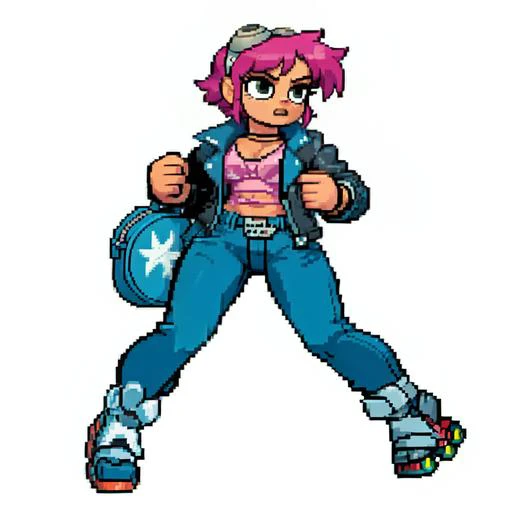 blomally, masterpiece, best quality, solo, 1girl, pink short hair, goggles, figthing stance, simple background, full body, denim jacket, t-shirt, bag, cargopants, rollerblades, <lora:Cps2V2_Fp:0.8>, <lora:pixai_style:0.4>, <lora:BryanLeeOMalley:1>