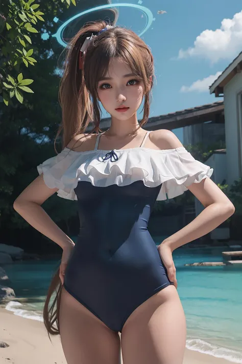 ((((ultra illustrated style:1.0)))),best quality,best animated,masterpiece,ray tracing, global illumination,Tsukiyuki Miyako,1girl, solo, standing, looking at viewer, outdoors, cowboy shot, hands on hips,