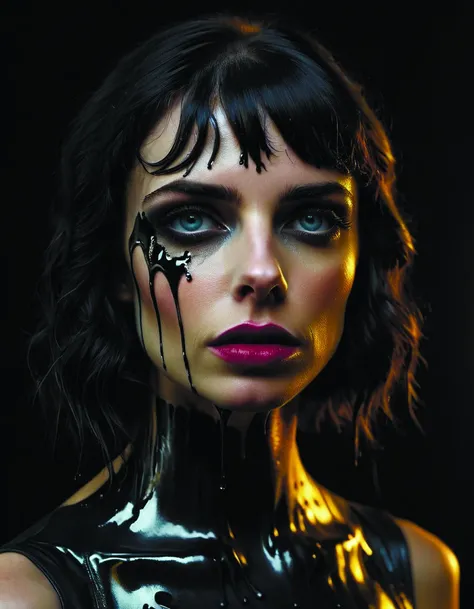 sunflowers torn asunder,Krysten Ritter goth black bangs dark makeup,melting,dripping,viscous,intricate detail,beautiful lighting,black paint,ral-melting <lora:ral-melting-sdxl:0.8>,<lora:add-detail-xl:1.6>,<lora:SDXL_Black_Sa_May:0.7>,DonMn1ghtm4reXL <lora:DonMn1ghtm4reXL:0.6>,by diegocr,exoskel <lora:Exoskeletal_Echos:0.5>