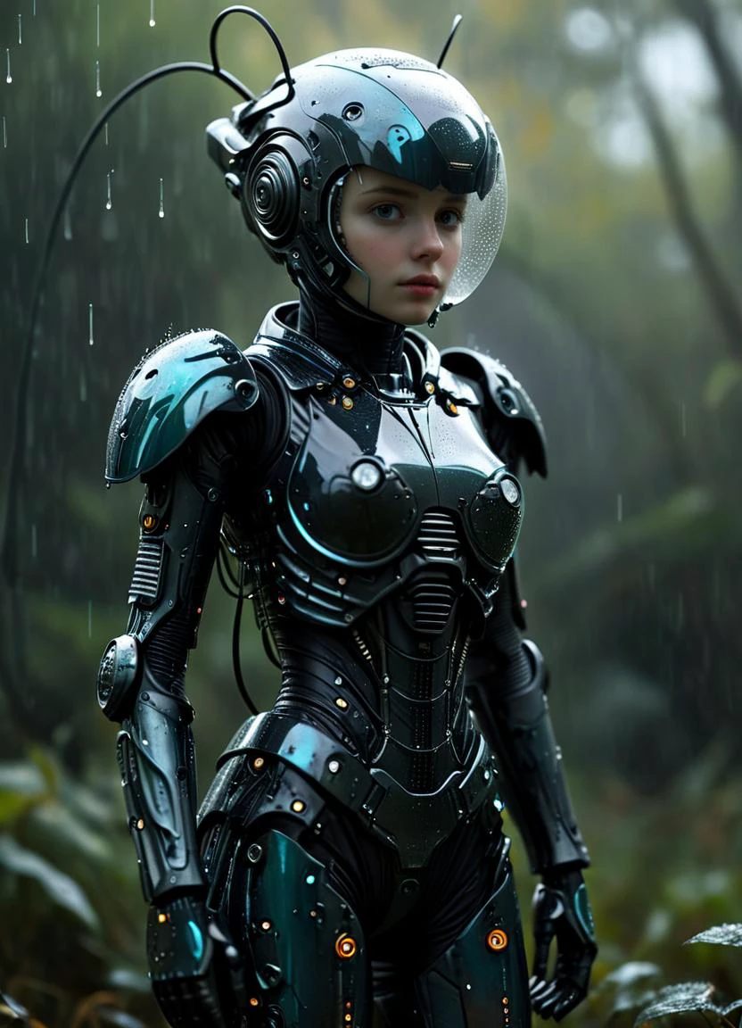 (full body shot) woman with a (robot suit) standing in the light rain, in the style of detailed hyperrealism, 32k uhd, daria endresen, (close up:1.1), webcore, adventure <lora:GigerRainbowXL:0.8> g1h3r <lora:Exoskeletal_Echos_XL:0.65> exoskel, subsurface scattering, Photorealistic, Hyperrealistic, analog style, realistic, film photography, soft lighting, heavy shadow