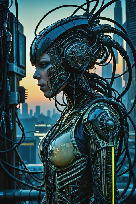 cyberpunk woman, cyberpunk cityscape, by aaron Horkey, by HR Giger, cables, wires, hoses, neon sign, (night:1.4) <lora:Exoskeletal_Echos:0.8> exoskel, masterpiece, best quality, ultra high res, (photorealistic, realistic:1.2), deep shadow, raw photo, film grain, Fujifilm XT3, 8k uhd, dslr, <lora:EnvyBetterHiresFixXL01:1>