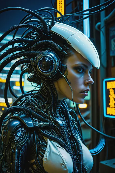 cyberpunk woman, looking at viewer, cyberpunk cityscape, by aaron Horkey, by HR Giger, cables, wires, hoses, neon sign, (night:1.4) <lora:Exoskeletal_Echos:0.8> exoskel, masterpiece, best quality, ultra high res, (photorealistic, realistic:1.2), deep shadow, raw photo, film grain, Fujifilm XT3, 8k uhd, dslr, <lora:EnvyBetterHiresFixXL01:1>