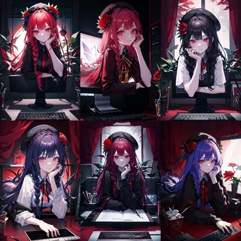 (otherworldly, otherworldly atmosphere, otherworldly appearance), highly insanely detailed, masterpiece, top quality, best quality, highres, 4k, 8k, RAW photo, (box braids:1.2), (flower crown:1.2), Caribbean, dark tunnel,
<lora:ThroughScreenStuckMonitorUpperBodyV3f:1>,
through screen, stuck, monitor, 1girl, breasts, solo, looking at viewer, upper body, cleavage, keyboard \(computer\), mouse \(computer\), hand on own face,
<lora:ScyllaV3f:0.8>, scyllacschool, shirt, school uniform, beret, red eyes, evil smile, closed mouth, long hair, desktop, (fantasy world)