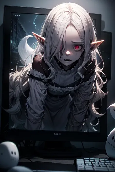 (best quality:1.2) (4k:1.) (highres:1.1) , (realistic photograph:1.1) , (ultra detailed CG:1.1) ,
1girl elf , solo , (detailed face:1) , (small breasts:1) , (silver wavy absurd long hair:1.) , horror , ghost , supernatural , pale skin , <lora:ThroughScreenStuckMonitorUpperBodyV3f:.8> (through screen:1) , (stuck:1) , (monitor:1) , (upped body:1) , expressionless , white long dress , night view , hair over eyes , keyboard \(computer\) , <lora:epiCRealismHelper:1> <lora:flat1:-.5> <lora:Gloomifier_TheDread_V1_LECO:1.5>