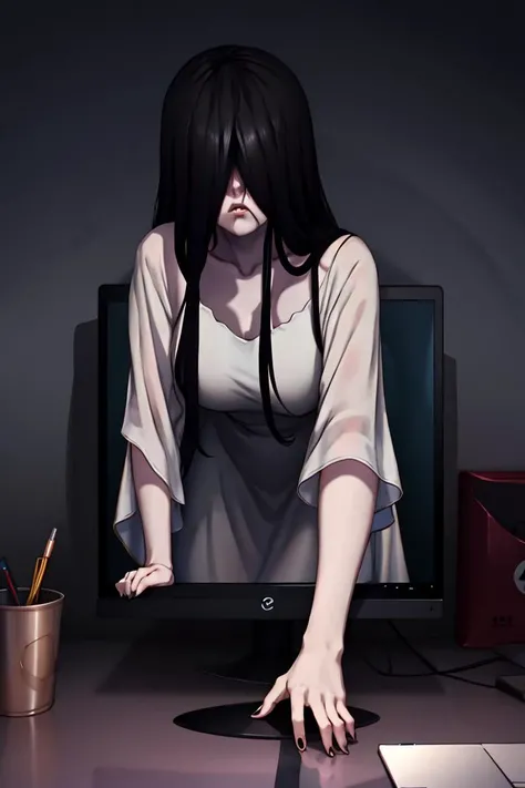 1girl, <lora:sadako_v3:0.7>, yamamura_sadako, black hair, yamamura_sadako, white dress, (grey skin), hair over eyes, eyes covered, <lora:ThroughScreenStuckMonitorUpperBodyV3f:1>, through screen, stuck, monitor, upped body, desktop