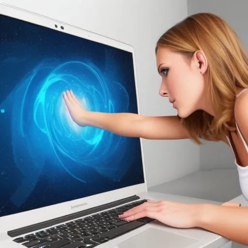 Blonde girl is (stuck in a laptop) and (((reaching through the screen with one arm))), only one arm through the screen, <lora:ThroughScreenStuckMonitorUpperBodyV3f:0.9>, ((best quality)), ((highly detailed)), masterpiece, detailed face,