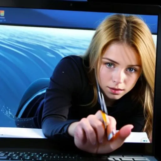 Blonde girl is (stuck in a laptop) and (((reaching through the screen with one arm))), <lora:ThroughScreenStuckMonitorUpperBodyV3f:0.9>, ((best quality)), ((highly detailed)), masterpiece, detailed face,
