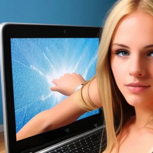 Blonde girl is (stuck in a laptop) and (reaching through the screen with one arm), only an arm through the screen, <lora:ThroughScreenStuckMonitorUpperBodyV3f:0.9>, ((best quality)), ((highly detailed)), masterpiece, detailed face,