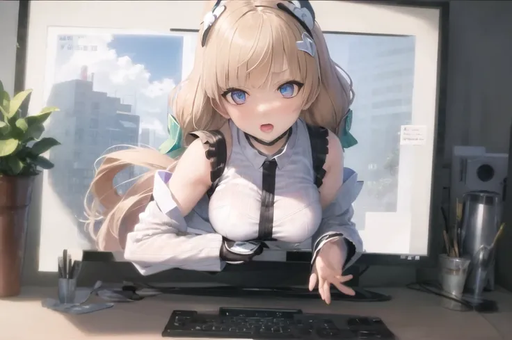best quality, masterpiece, finely detailed, beautiful eyes, high resolution illustration, hyper detail, highres, Intricate details, High face detail, High quality anime, solo, 1girl, face visible
through_screen, <Lora:ACTION_ConceptThroughScreen_v1:1>, twintail, highleg_leotard, blonde hair, white legwear, <Lora:CHAR_angelaBalzac_v106:1>, computer, desk, monitor, tabletop, keyboard, medium breasts,