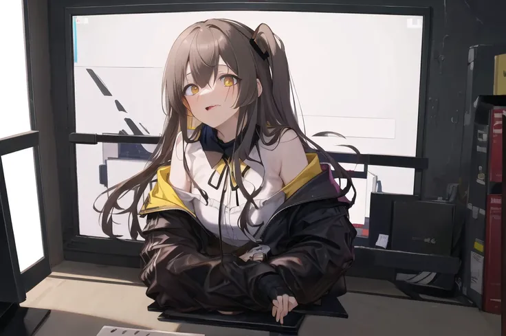 best quality, masterpiece, finely detailed, beautiful eyes, high resolution illustration, hyper detail, highres, Intricate details, High face detail, High quality anime, solo, 1girl, 
through_screen, <Lora:ACTION_ConceptThroughScreen_v1:1>, computer, desk, monitor, tabletop, keyboard, ump45