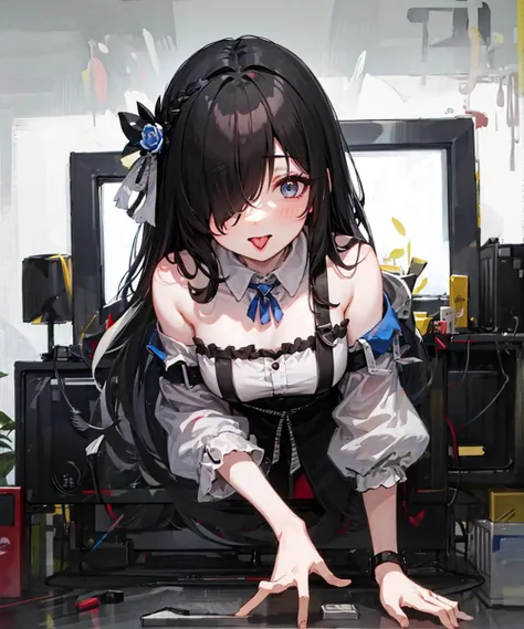masterpiece,1girl, solo,
<lora:ThroughScreenV2:1> ,through screen, monitor, white strapless dress, tongue out, hair over one eye, white dress,torn clothes, long hair,black hair, very long hair,