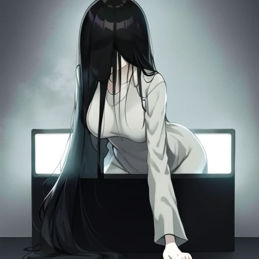 masterpiece, best quality, sweat,sadako_yamamura, <lora:Sadakobest:1>,<lora:ConceptThroughScreen_v2:1>, through_screen, bright screen,<lora:epiNoiseoffset_v2:1>, multiple box televisions stacked ontop one another, room filled to the brim with box televisions,