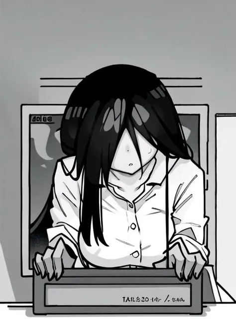 ((best quality)), ((highly detailed)), masterpiece, detailed face, beautiful face, (detailed eyes, deep eyes), (1girl), upper body, (glasses), <lora:yamamuraSadakoTheRing_v3:.8>, yamamura_sadako, very long hair, ((black hair)), hair over eyes), (eyes covered), (pale grey colored skin), indoors, <lora:ConceptThroughScreen_v2:.9>, through_screen, television, in a living room, (night sky), in a creepy forest, horror /(theme/), (indoors, in a classroom, desks, a teacher, standing, business pants, button down shirt, hair in a bun), <lora:KarasuChan:1.1>, (monochrome), yellow taint