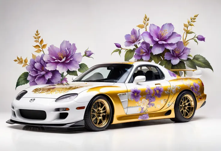 breathtaking stance-lowrider style Mazda RX-7 wrapped in a detailed and intricate chinese ink floral wrap, The wrap should precisely mimic the style, technique, and color palette of a watercolor painting featuring blooming macro flowers, with shades of purple, and yellow on white. The flowers should appear natural and delicate, with a hyperrealistic glossy look, intricately layered over the car's bodywork. This floral design should blend seamlessly, (mirror-black tinted windows) and headlights, (custom shiny rims with wide flange, very low clearance), highlighting its shape with artistic elegance, (high gloss finish), (white background:1.2) . award-winning, professional, highly detailed