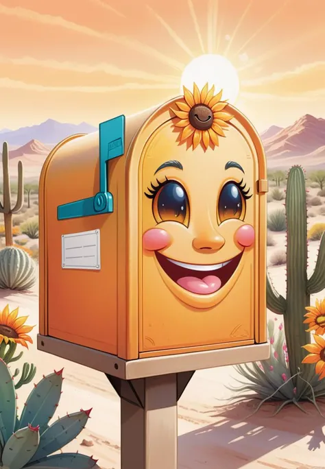 Happy mailbox, vibrant colors, playful, desert vibes, whimsical, (fine details:1.3), (botanical illustration:1.2) (smiling face:1.2), (sunshine:1.2), (warm tones:1.1)