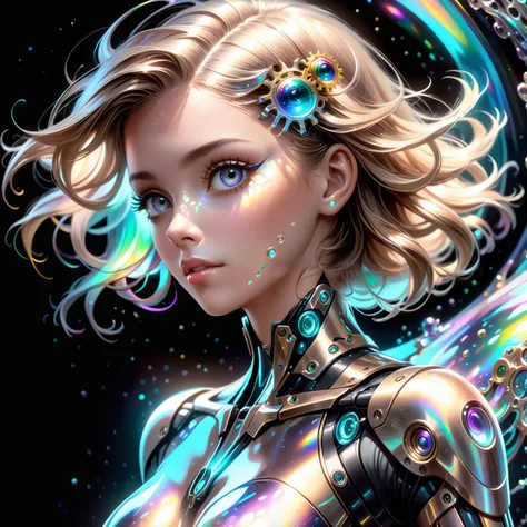 photorealistic, hyper realistic, girl, biomechanical style the edge of my universe, blend of organic and mechanical elements, futuristic, cybernetic, detailed, intricate, optical implants, <lora:add-detail-xl:3.0>, holographic skin, swirling iridescent liquid, delicate glasswork, matte skin, quantum wavetracing, black background, subsurface scattering, ((volumetric lighting)), fantasy artifact concept art, <lora:Randommaxx_merge_v1.1_lora_fp16:1.0>