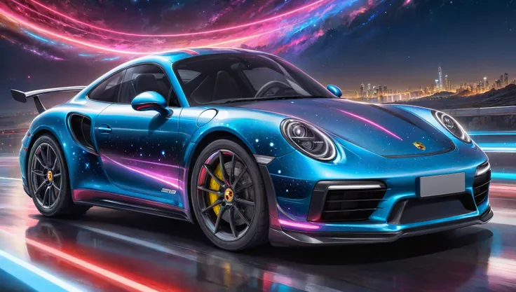 breathtaking a Porsche 911 Turbo, entirely covered with starry nightsky photo print, The car's design is sleek and detailed, with reflective surfaces that highlight its curves and speed, Porsche logo. The background should be an abstract, digital art style, with streaks and splashes of neon colors that convey motion and energy. The artwork should capture the iconic shape and features of the Porsche 911 Turbo, while also infusing it with a modern, energetic vibe that complements its high-performance nature. . award-winning, professional, highly detailed