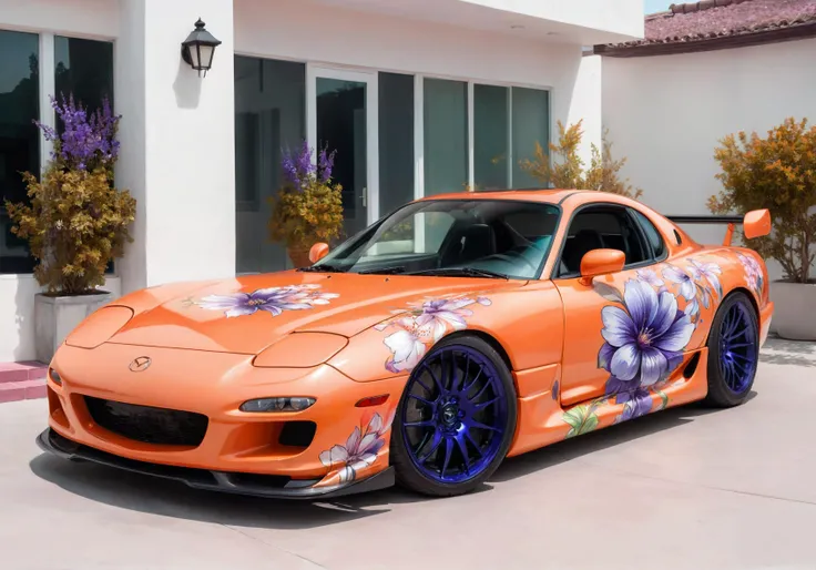 breathtaking stance-lowrider style Mazda RX-7 wrapped in a detailed and intricate chinese ink floral wrap, The wrap should precisely mimic the style, technique, and color palette of a watercolor painting featuring blooming macro flowers. The flowers should appear natural and delicate, with a hyperrealistic glossy look, intricately layered over the car's bodywork. This floral design should blend seamlessly, (mirror-black tinted windows) and headlights, (wheels tilted in stance style, shiny rims with wide flange, very low clearance), highlighting its shape with artistic elegance, (high gloss finish), (white background:1.2) . award-winning, professional, highly detailed