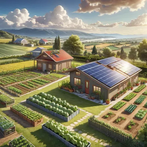 cinematic of a one storey (small (bungalow)) with a (large garden), cozy mood, on a high cliff, solar panels on the roof, small vegetable fields, small fruit fields, tiny greenhouse, surrounded by clouds, sunny weather, the overall mood is happy and energized, highly detailed, uhd, 8k, small creek, photorealistc,