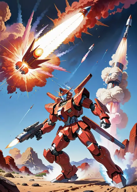 robot mecha
japanese armor,
slick design
fighting stance,
dynamic pose,
perspective,
battle
explosion,
smoke
rocket launcher,
rocket
missile,
super robot wars,
gradient shadow
(art by Peter Andrew Jones moebius Hiroshi Yoshida Hiroshi Nagai )