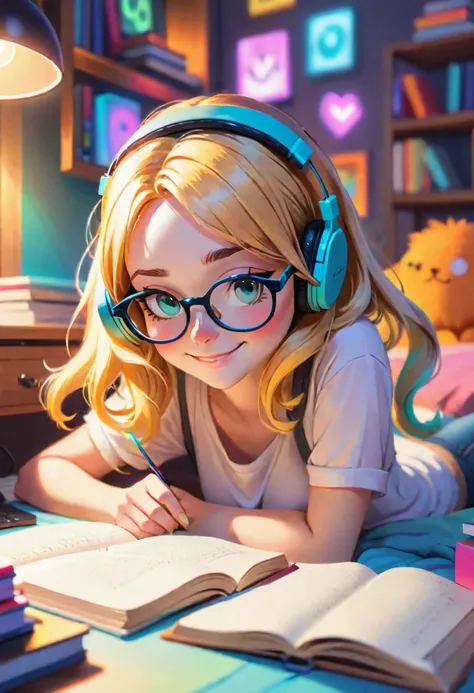 1 girl reading in her room cute, kawaii headphone glasses smile closeup shot vivid color comfy vibe lofi, abstract glowing (flat color, by James Gilleard Jane Newland) <lora:add-detail-xl:0.9>, (Extremely Detailed Oil Painting:1.2), glow effects, godrays, Hand drawn, render, 8k, octane render, cinema 4d, blender, dark, atmospheric 4k ultra detailed, cinematic sensual, Sharp focus, humorous illustration, big depth of field, Masterpiece, colors, 3d octane render, 4k, concept art, trending on artstation, hyperrealistic, Vivid colors, extremely detailed CG unity 8k wallpaper, trending on ArtStation, trending on CGSociety, Intricate, High Detail, dramatic, (Cartoon caricature:1.3), cute as a Pixar Disney character, caricature, cute