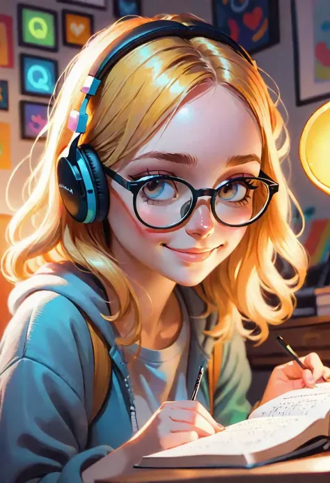 1 girl reading in her room cute, kawaii headphone glasses smile closeup shot vivid color comfy vibe lofi, abstract glowing (flat color, by James Gilleard Jane Newland) <lora:add-detail-xl:0.9>, (Extremely Detailed Oil Painting:1.2), glow effects, godrays, Hand drawn, render, 8k, octane render, cinema 4d, blender, dark, atmospheric 4k ultra detailed, cinematic sensual, Sharp focus, humorous illustration, big depth of field, Masterpiece, colors, 3d octane render, 4k, concept art, trending on artstation, hyperrealistic, Vivid colors, extremely detailed CG unity 8k wallpaper, trending on ArtStation, trending on CGSociety, Intricate, High Detail, dramatic, (Cartoon caricature:1.3), cute as a Pixar Disney character, caricature, cute