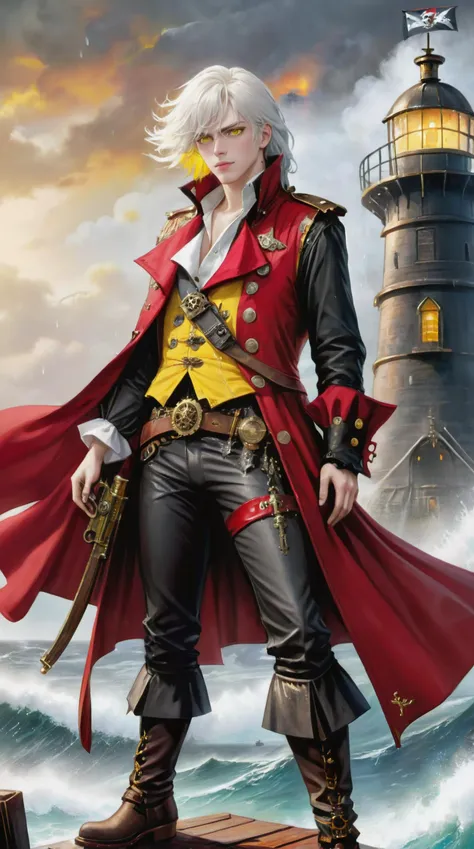 (Masterpiece Painting:1.3)of(Masterpiece:1.3), (Satisfying:1.3)Fullbody image of an handsome 23yo albino thin young man, uriel <lora:Uriel_XL:1>, (large yellow eyes), (wild wet white hair with bangs), wearing a leather red and gold pirate vest with under a red buccaner coat, leather pirate boots with buckles, brandishing a flintlock pistol, standing on top of a conquered lighthouse, (Steampunk Art:1.3), (Primary Colors:1.3)