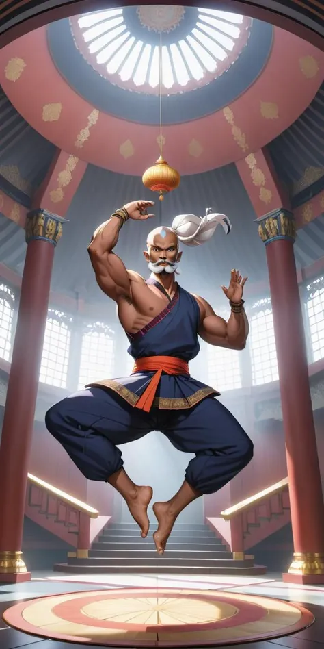 a Kalaripayattu Practitioner wearing Cool Gray ornate roundhouse kick infront his students in an Asian temple, from a low angle