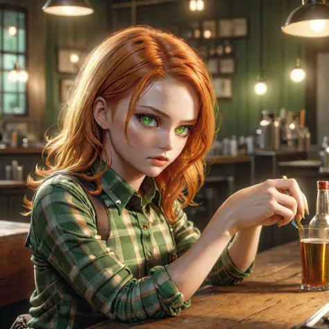 3dmm, (photorealistic:1.4), middle hair, orange hair, green eyes, hair parted, green checked shirt, BREAK 1girl, female focus, (narrow waist:1.1), (character focus:1.1), nice hands, perfect hands, medium breasts, perfect features, (perfect anatomy), very detailed faces, parted lips, good lighting, cinematic lighting, volumetric lighting, rim lighting, dimly lit ruins, dynamic lighting, (best quality:1.3), (masterpiece, realistic:1.3), (extremely intricate:1.2), (extremely delicate), (ultra realistic:1.3), (extremely detailed eyes), dslr, 8k, ultra-detailed, glossy skin, Smooth curves, Bold outlines, Crisp shapes, Clean lines, Sharp edges, Minimalist, Precise geometry, Simplistic BREAK [perfect shadows and lighting], soft shadows, Akihiko Yoshida art style BREAK background blur BREAK <lora:GoodHands-beta2:0.9>, <lora:more_details:0.5>, <lora:last:0.2>, <lora:add_detail:0.1>, <lora:epi_noiseoffset2:0.5>, <lora:tangbohu-line_1.0:0.3>, <lora:colorize:0.2>, <lora:oversized_sweater:0.1>, <lora:LadyNagantMHAv1:0.21>