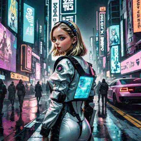 A cyberpunk interpretation of Alice from Wonderland, dressed in sleek, high-tech attire, navigating a dystopian cityscape filled with holographic billboards and advanced transportation systems. Depicted in a high-resolution photographic style using a 50mm lens for cinematic realism.