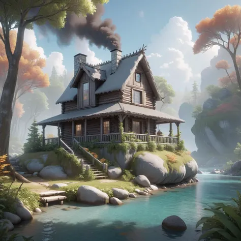 A small Silver Gray log cabin in a lush autumn jungle forest close to a flowing river, smoke emanating from the lopsided chimney, from a low angle