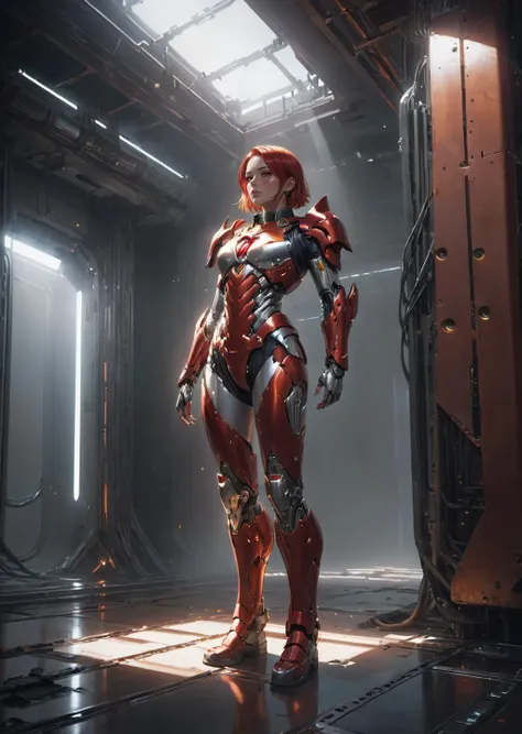 1girl,   full body,
cyborg
connected with mainframe
rusty metal
red armor,
metal collar,
exhausted,
light depth, dramatic atmospheric lighting, Volumetric Lighting