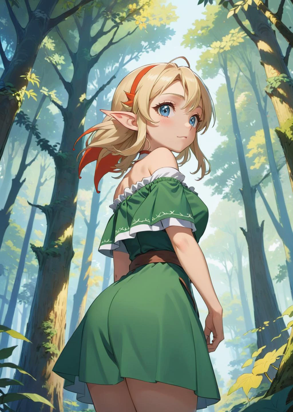 a female elf
hiding in the shadow among trees
dutch angle,
off shoulder,
record of lodoss war,
(anime by Masaaki Yuasa)