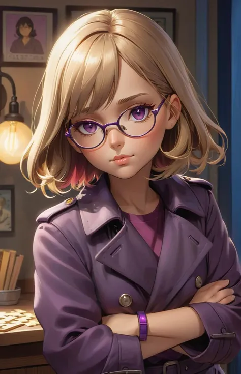 (casual photo), chiaroscuro Lens Whacking effect, silhouetting soft lighting, surrealism, (quill), little Swiss (girl), looking away, Medium skin, square head shape, glowing flat lips, hazel eye colour, short symmetrical nostrils nose, sunken cheeks, pleasure expression, frowning, Bald hair, dirty blonde hair colour, glasses, Bracelet, plump body type, crossing arms, maroon purple, Trench Coat, Jodhpurs, Oxfords Shoes, t-shirt saying "Stay fierce, darling", A puzzle piece connecting with others to form unity, sleeping, 8k, high quality, shallow depth of field <lora:add-detail-xl:0.8>, (Studio ghibli style, Art by Hayao Miyazaki:1.2), Anime Style, Manga Style, Hand drawn, cinematic sensual, Sharp focus, humorous illustration, big depth of field, Masterpiece, concept art, trending on artstation, Vivid colors, Simplified style, trending on ArtStation, trending on CGSociety, Intricate, Vibrant colors, Soft Shading, Simplistic