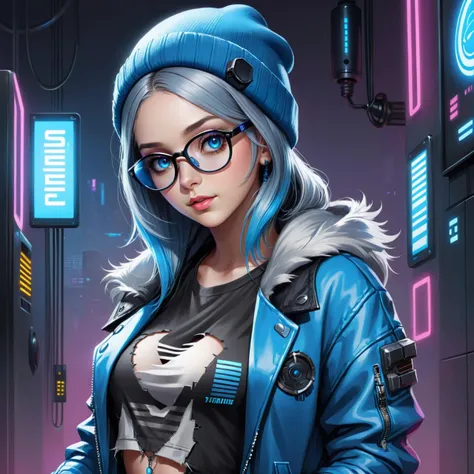full body photo, Cute female cyberpunk hacker with blue colored glasses, in a jacket with a Beanie long grey hair half teeshirt ripped jeanscyberpunk 2077 poster art