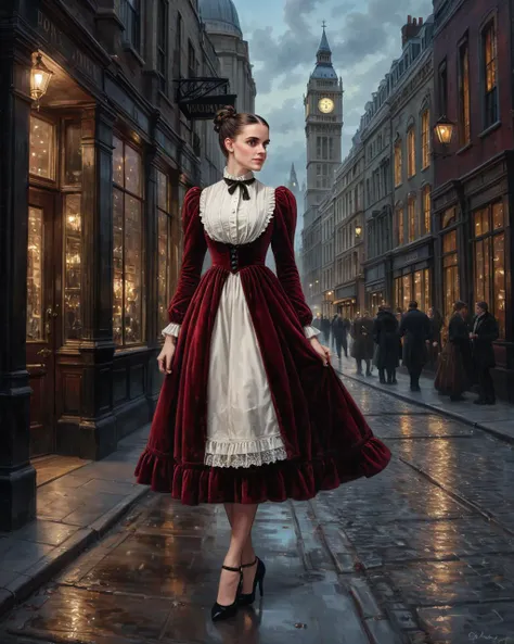 masterpiece, Victorian London, Empire, bustling city streets, highly detailed, realistic, 1girl, solo, (full body:1.3), Victorian Lady red velvet dress, white blouse, black heels, detailed, smug, black hair, (side ponytail:1.1), <lora:Empire_SDXL_OnSite:0.6>, (Extremely Detailed Oil Painting:1.2), glow effects, godrays, Hand drawn,  <lora:add-detail-xl:0.9>