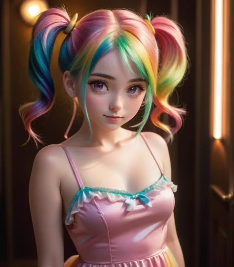 Image of a young girl in a pink spaghetti strap dress, rim lighting, soft lighting, detailed face, pigtails rainbow coloured hair, highest quality, masterpiece,