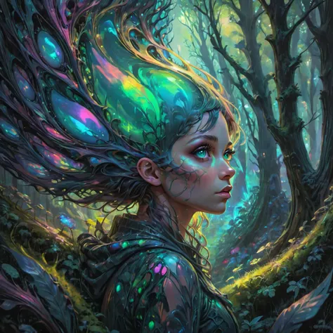 mysterious silhouette forest elvf woman, by Minjae Lee, Carne Griffiths, Emily Kell, Geoffroy Thoorens, Aaron Horkey, Jordan Grimmer, Greg Rutkowski, amazing depth, masterwork, surreal, geometric patterns, intricately detailed, bokeh, perfect balanced, deep fine borders, artistic photorealism , smooth, great masterwork by head of prompt engineering <lora:Double_Exposure:0.5> <lora:IOS_Iridescent_opal_style:0.6> iridescent opal style, concept art <lora:add_detail:1>