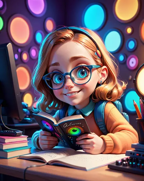 1 girl reading in her room cute, kawaii headphone glasses smile closeup shot vivid color comfy vibe lofi, abstract glowing (flat color, by James Gilleard Jane Newland)  <lora:add-detail-xl:0.9>, (Extremely Detailed Oil Painting:1.2), glow effects, godrays, Hand drawn, render, 8k, octane render, cinema 4d, blender, dark, atmospheric 4k ultra detailed, cinematic sensual, Sharp focus, humorous illustration, big depth of field, Masterpiece, colors, 3d octane render, 4k, concept art, trending on artstation, hyperrealistic, Vivid colors, extremely detailed CG unity 8k wallpaper, trending on ArtStation, trending on CGSociety, Intricate, High Detail, dramatic, (Cartoon caricature:1.3), cute as a Pixar Disney character, caricature, cute