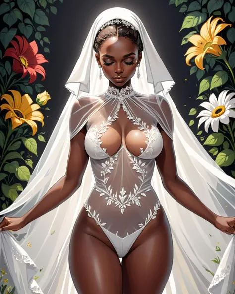 masterpiece, highest quality, solo focus, (skimpy:1.04), (short:1.15) and (curvy) woman with (dark skin:1.11) and (large breasts:1.1), full body, (cameltoe:1.1), high angle and (white wedding veil), ((see-through:0.6) white wedding dress), (perfect face:1.1) intricate (high detail:1.1) body, covered navel, covered nipples, eyes up, lips, flowers <lora:add-detail-xl:0.8>, Vector art, Vivid colors, Clean lines, Sharp edges, Minimalist, Precise geometry, Simplistic, Smooth curves, Bold outlines, Crisp shapes, Flat colors, Illustration art piece, High contrast shadows, Technical illustration, Graphic design, Vector graphics, High contrast, Precision artwork, Linear compositions, Scalable artwork, Digital art