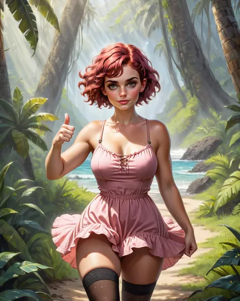 Style-Moana, Style-Glass, photo, 8k, soft lighting, (full shot), (cowboy shot), (beautiful) (petite:1.21) (medium breasts:0.96), stunningly attractive (tomboy) girl, (playful:1.2), (aroused:1.3), nature backdrop, ( red very short wavy hair:1.21), (amazing feminine face:1.21), (detailed freckles:0.96), (small nose:1.11), (narrow waist:1.31), (wide hips:1.11), (thick thighs:1.3), (long legs), (excellent hands fingers thumbs:1.16), tight pink sundress, thigh highs, (pixie cut:1.21)