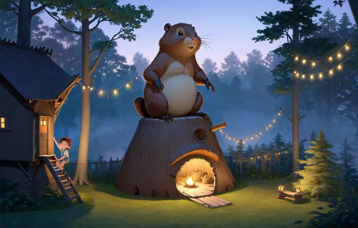One evening a friend and I went out to play in the back yard and we met a talking beaver who was building a tree fort,style of Maurice Sendak,dusk,